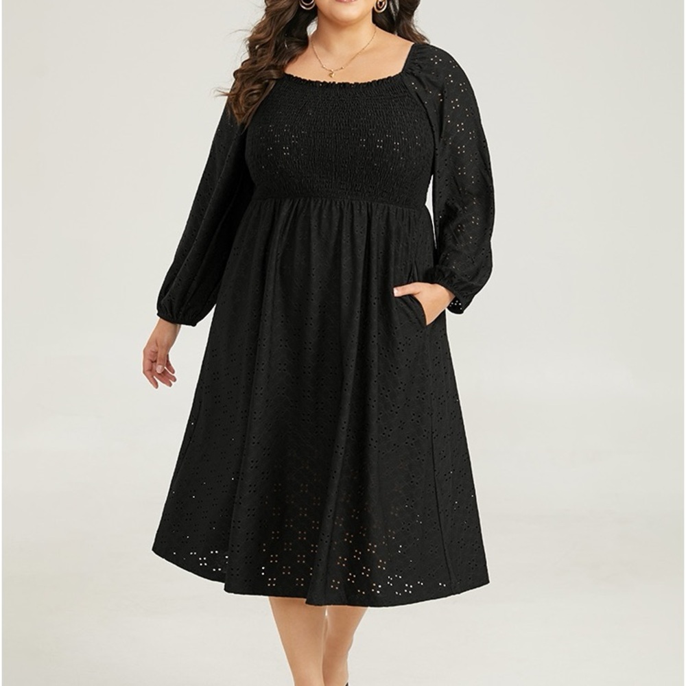BloomChic Black Smocked Square Neck Eyelet Lantern Sleeve Dress Plus Size 2X 3X